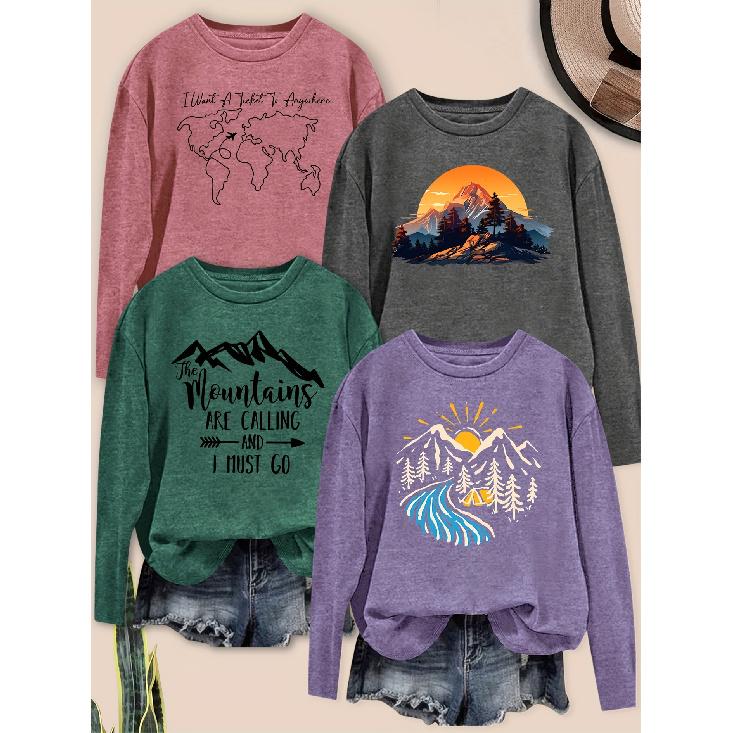 Elegant women's long-sleeve top with beautiful scenery and letter combination pattern print, round neck, suitable for spring, summer, autumn, and