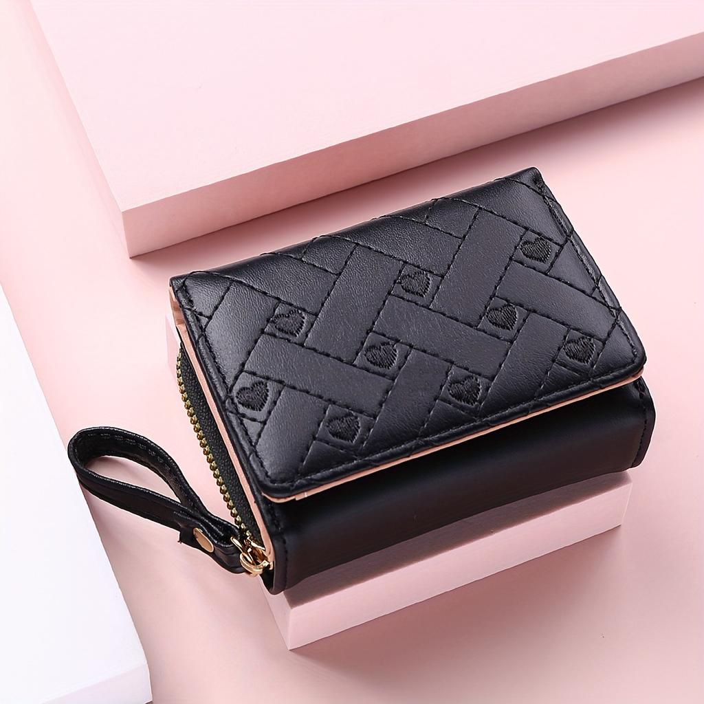 Women Wallet PU Leather Embroidered Love Tri-fold Card Holder Multi-card Slot Coin Purses