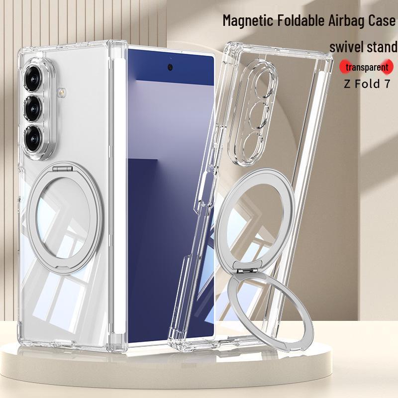 Samsung Z Fold7 Airbag Anti-Fall MagSafe Case with Rotating Ring Stand and Transparent Shell