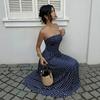 Womens Polka Dots Strapless Summer Dresses, Elastic Back Smocked Beach Vacation Outfits Vintage Elegant Maxi Dress