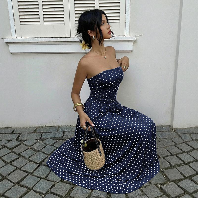 Womens Polka Dots Strapless Summer Dresses, Elastic Back Smocked Beach Vacation Outfits Vintage Elegant Maxi Dress