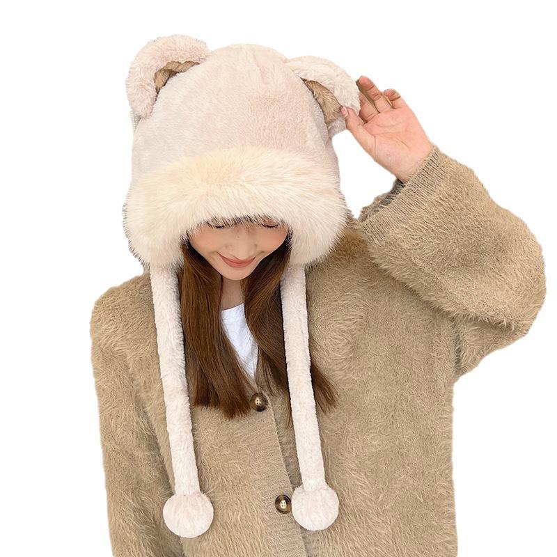 Плюшевая милая шапка с медвежьими ушками для женщин на осень и зиму, в корейском стиле, теплая шапка для защиты ушей, утолщенная теплая повязка на голову, капюшон