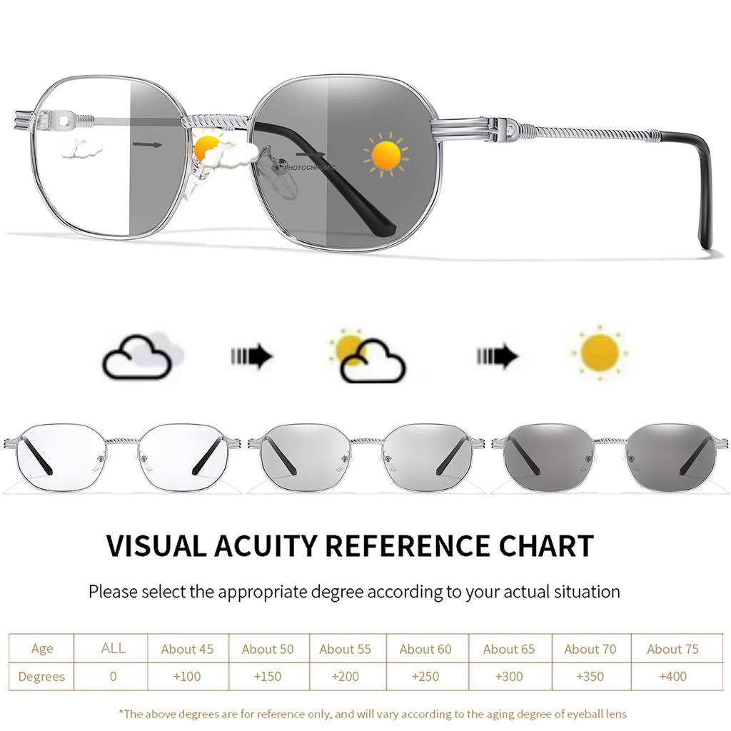 Photochromic Anti-Blue Light Reading Sunglasses Metal Eyewear For Women Men Internet Surf Style Presbyopic Eyewear +150 +200