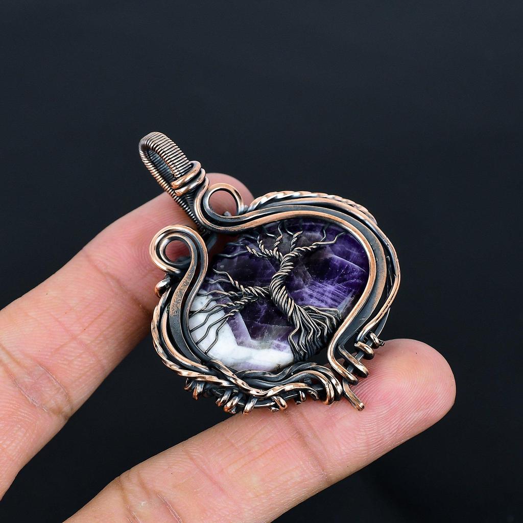 Amethyst Pendant, 999 Copper Wire Wrapped Gemstone Jewelry, Handmade Tree Of Life Pendant, For Memorial Day