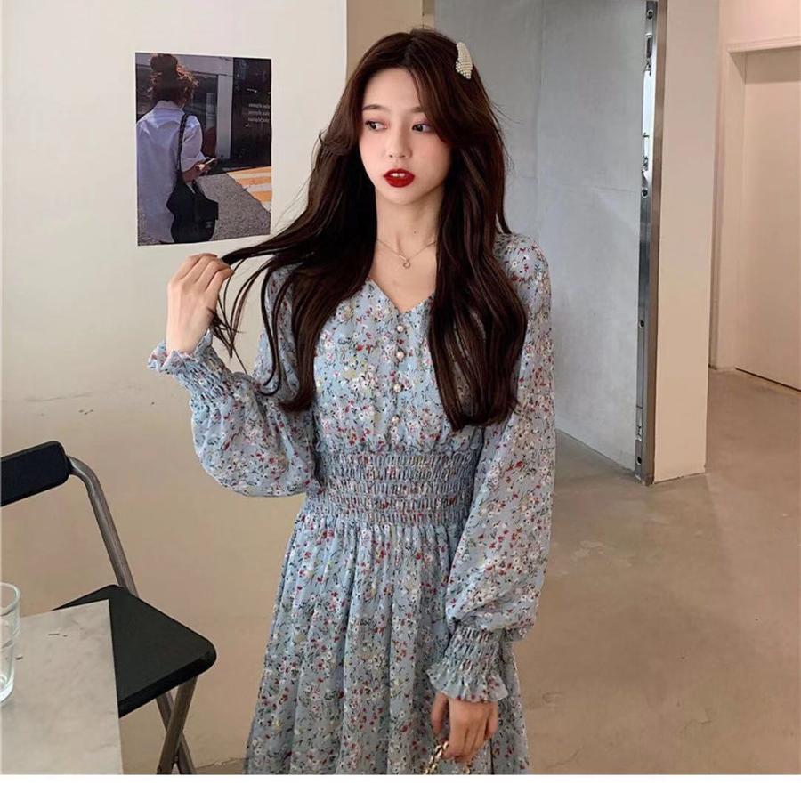 Новое весенне-осеннее платье с длинным рукавом, приталенное, с высокой талией, подчеркивающее фигуру, шифоновое платье с цветочным принтом, длинное платье