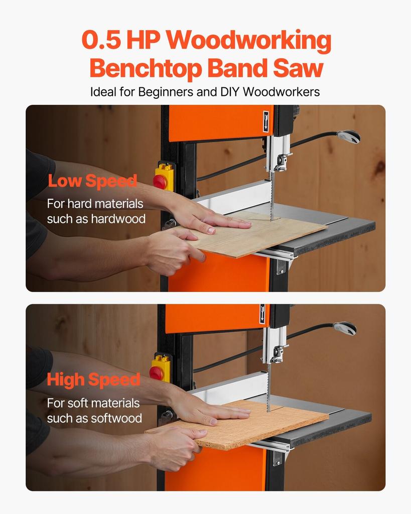 Band Saw, 254 mm, Two-Speed Benchtop Bandsaw with 373W 1/2 HP Motor, 160 mm Max Cutting Height, 335 x 340 mm Cast Iron Table, with 360° Work Light,