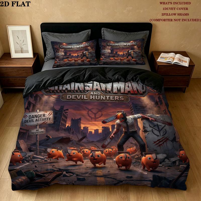 Chainsaw Man Pattern Bedding Quilt Set Quilt Cover Pillowcase Home Birthday Gift(1 * duvet cover + 2 * pillowcase, without core)