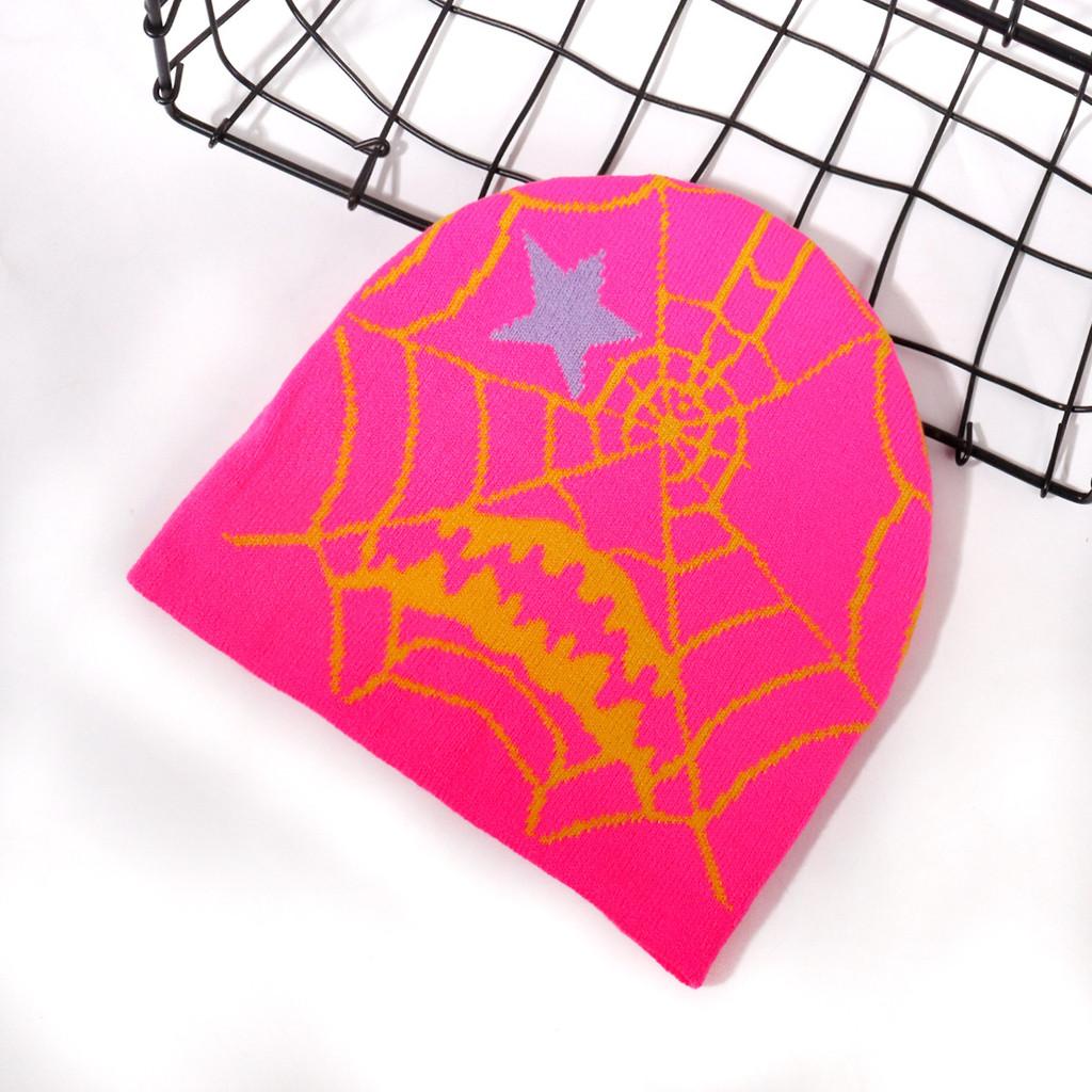 Gothic Style Knit Cap Featuring Spider Web Design For Casual Wear