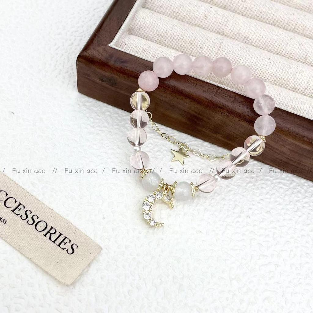 Браслет из натурального розового кристалла с лунным камнем: Элегантные украшения из бисера с дизайном падающей звезды, идеально подходят для женщин