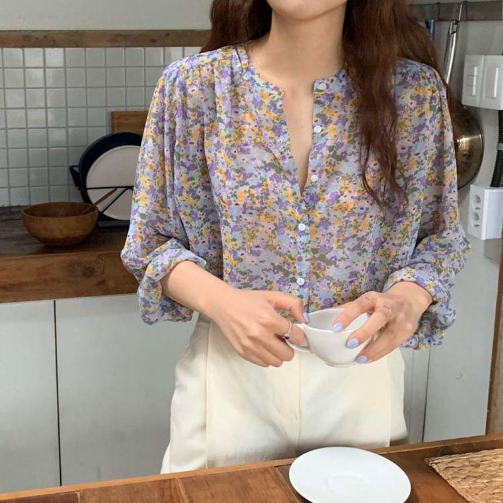 Round Neck Chiffon Floral Shirt Tops Loose Women's Chiffon Blouse Sweet Flower Shirts Women