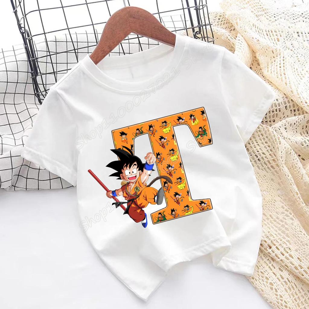 Футболка Dragon Ball Goku Детская с буквами от A до Z Топ Мультяшная Летняя Мода Белая с Коротким Рукавом Одежда Детская Повседневная Одежда Подарок