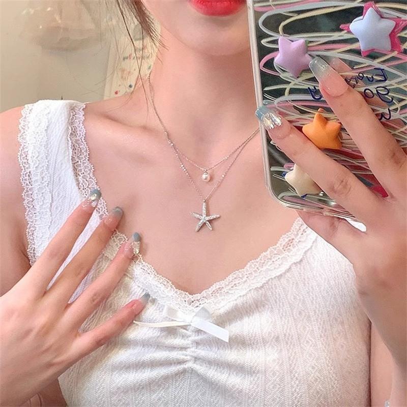 iF ME Korean Double Layered Starfish Artificial Pearl Necklace for Woman Pendant Choker Accessories Jewelry