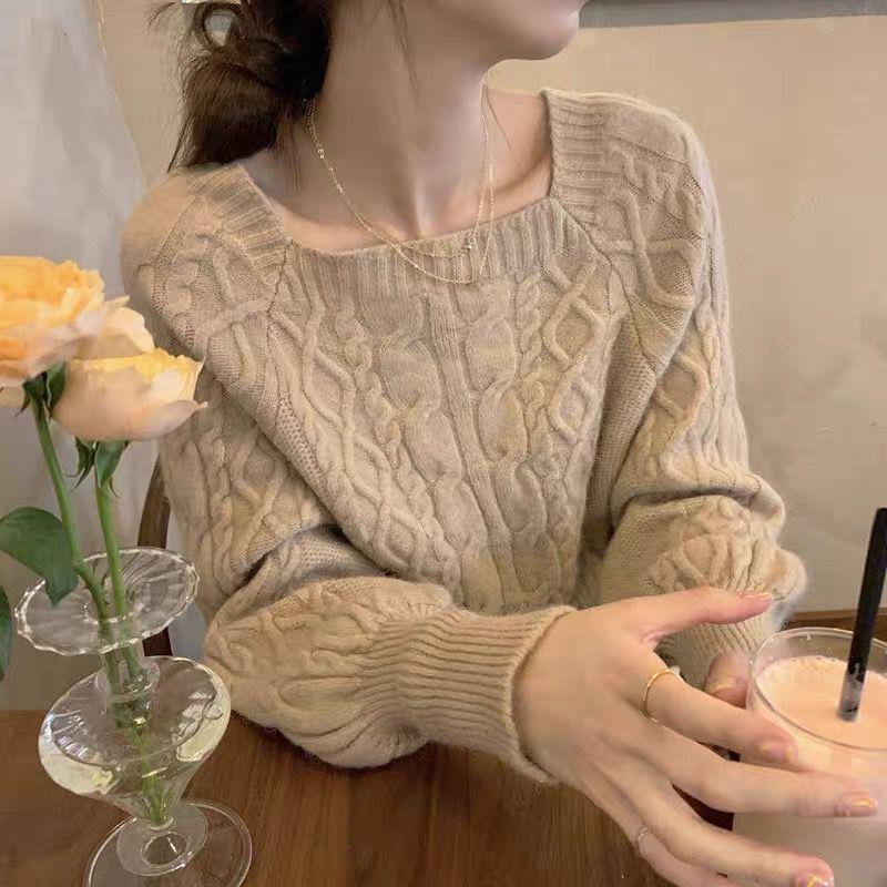 Осень-зима женские свитера с квадратным воротником короткие вязаные пуловеры трикотажные джемперы топы верхняя одежда