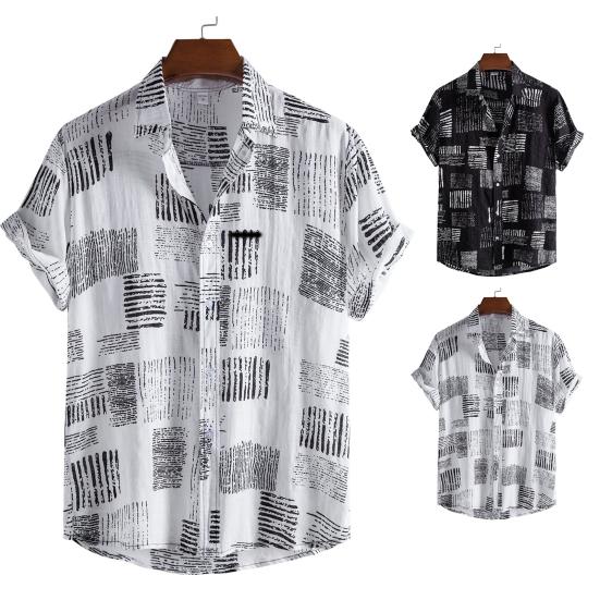 Short Sleeve Men Shirt Turn-down Collar Soft Print Loose Summer Shirt Streerwear