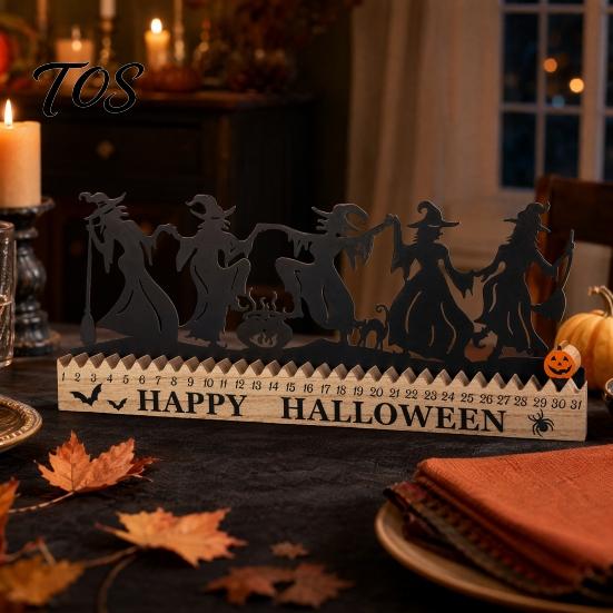 Rustic Wooden Table Decor Halloween Dancing Witch Countdown Ornament, Home Party Accents for Office Centerpiece, Spooky Haunted House Tabletop