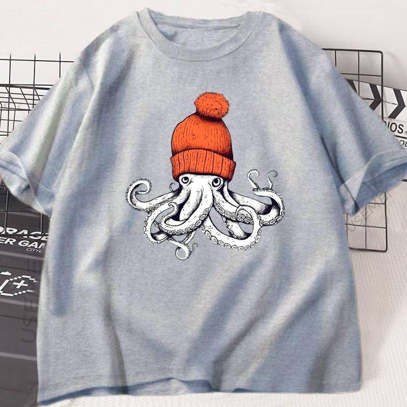 Octopus Orange Baseball Cap Cotton Tshirt Japanese Style Pattern Tshirt Casual Cotton Shortsleeved Roundneck Tshirt