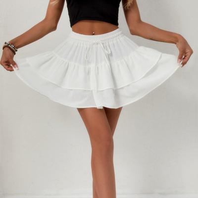 Женская спортивная юбка, эластичная, с высокой талией, на шнуровке, однотонная мини-юбка с несколькими оборками, повседневная юбка-торт