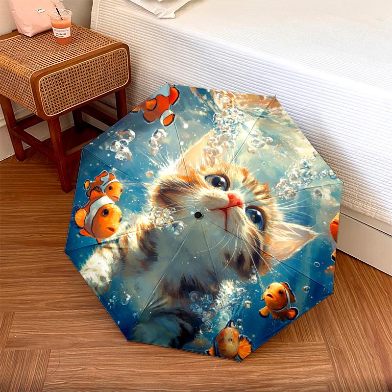 1 шт. Автоматический складной зонт - Узор "Кот и Рыба-Клоун", Портативный и складной дизайн с 8 спицами, Рождественские и Новогодние подарки