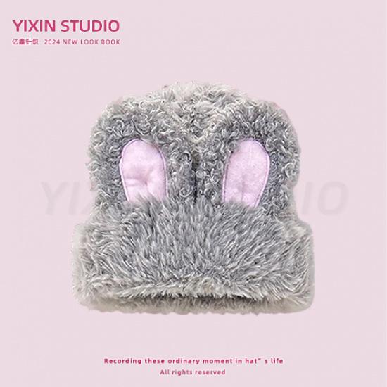 Korean cute plush rabbit ear hat for women, autumn and winter warm knitted hat, ear protection, face-slimming cold weather hat, trendy head wrap hat