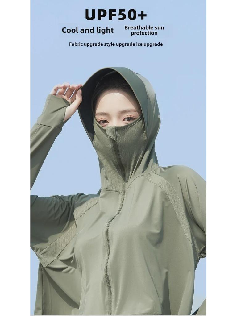 Женская черная куртка Ice Silk с капюшоном 2024 года — дышащая, с защитой от ультрафиолета и солнца