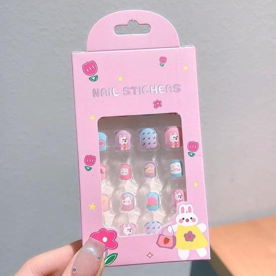 24Pcs Kids Fake Nail Kawaii Kids Fake Nail Art Stickers Set Creative DIY Nail Kit for Nail Decorations