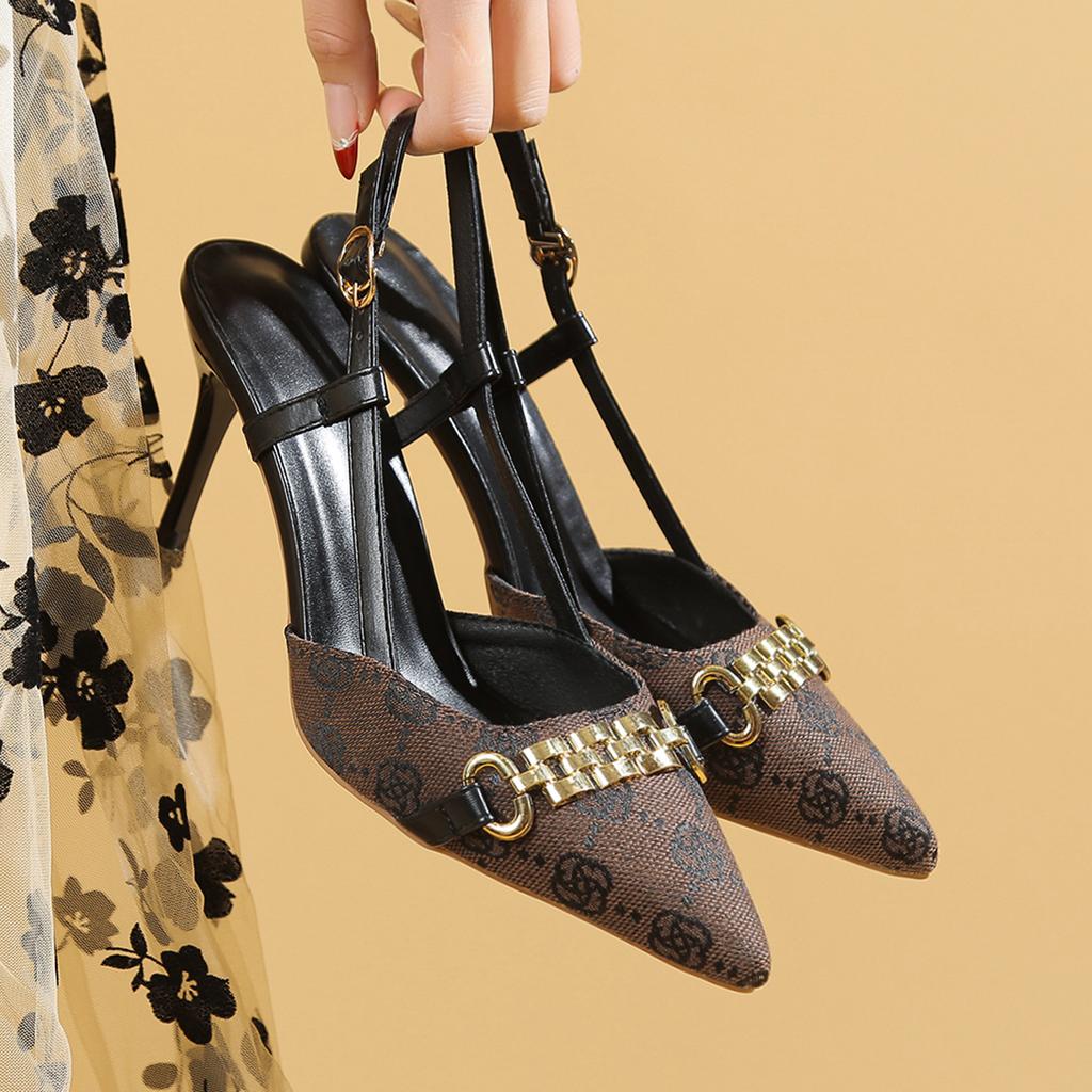 Women's Pointed Metal Chain Decorative Buckle High Heels Fashionable Retro Luxury Durable Non-slip Women's Shoes 34-42 Stilettos