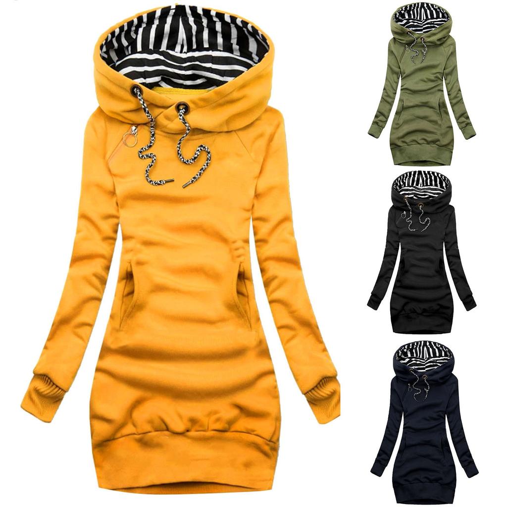 Women Fashion Solid Sweatshirt Pocket Stripe Turtleneck Hooded Long Sleeve Top