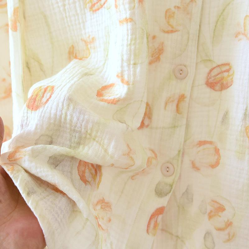 Весенне-осенний женский пижамный комплект из 100% хлопкового крепа с длинными рукавами и длинными брюками, комплект из двух предметов, воротник-стойка, домашняя одежда