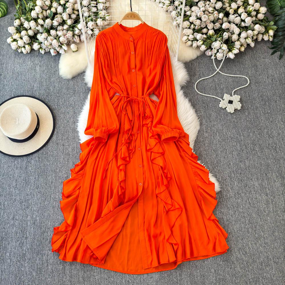 Нежный стиль, темперамент, рукава-фонарики, воротник-стойка, присборенная талия, А-силуэт, оборки по краю, шифоновое платье, элегантные большие свободные длинные платья