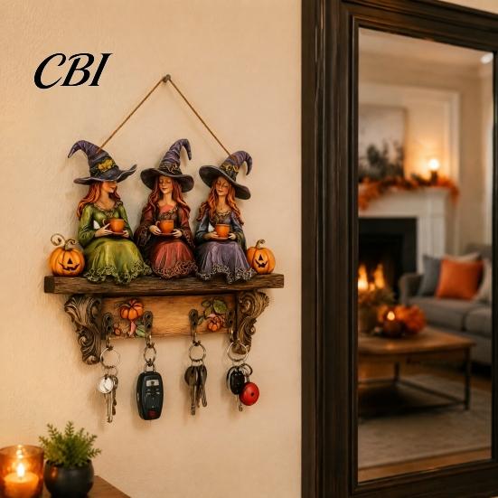 Halloween Party Supplies Entryway Key Holder with 4 Hooks, Wooden Hanging Sign, Wall Mount Scary Door Ornament Rack for Keys Bags And Leashes,