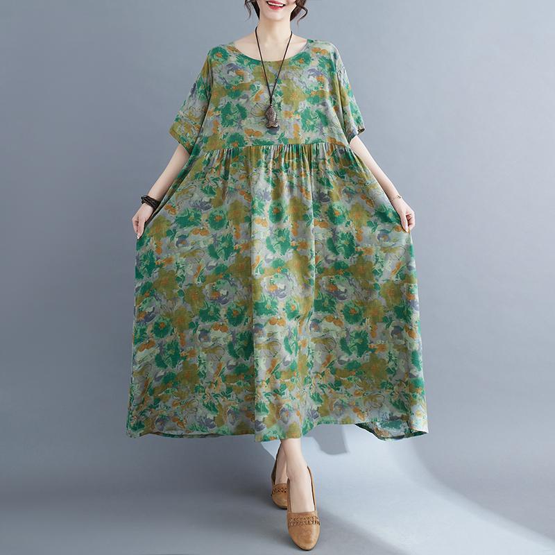 DIMANAF 2025 Летнее платье больших размеров для женщин Повседневное длинное винтажное льняное платье Свободное базовое платье с цветочным принтом