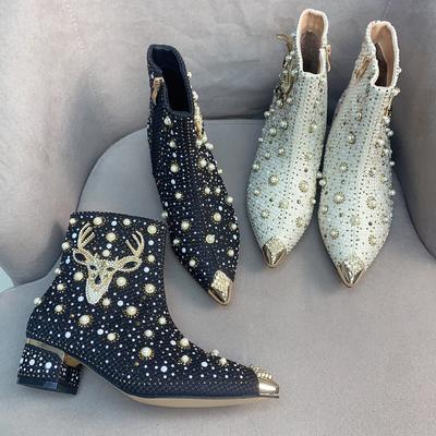 Осенняя новая обувь для женщин, современные ботинки, роскошные высокие ботинки с жемчугом и оленем, повседневные туфли на высоком каблуке для девочек, короткие ботильоны для отдыха на природе
