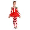 Girls Candy Cane Costume Santa Claus Christmas Sleeveless Stripes Print Tulle Peplum Long Jumpsuit with Arm Sleeves
