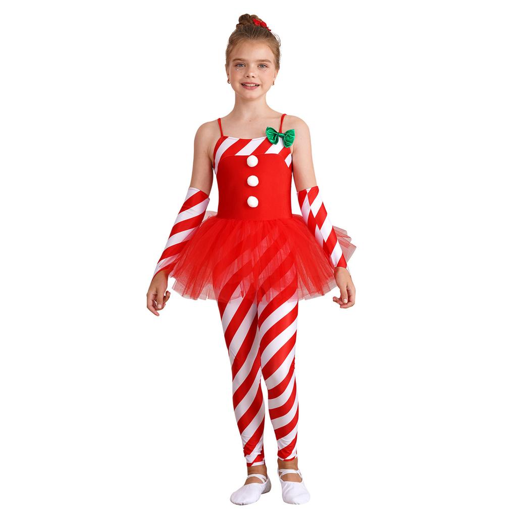 Girls Candy Cane Costume Santa Claus Christmas Sleeveless Stripes Print Tulle Peplum Long Jumpsuit with Arm Sleeves