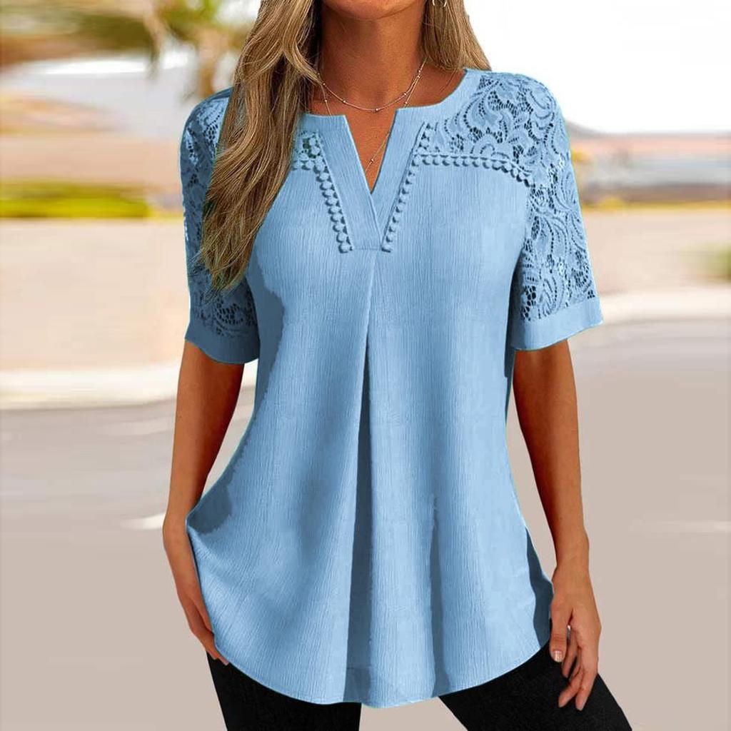 Рубашки с коротким рукавом для женщин, кружевные лоскутные футболки, блузки, повседневные базовые топы, пуловеры