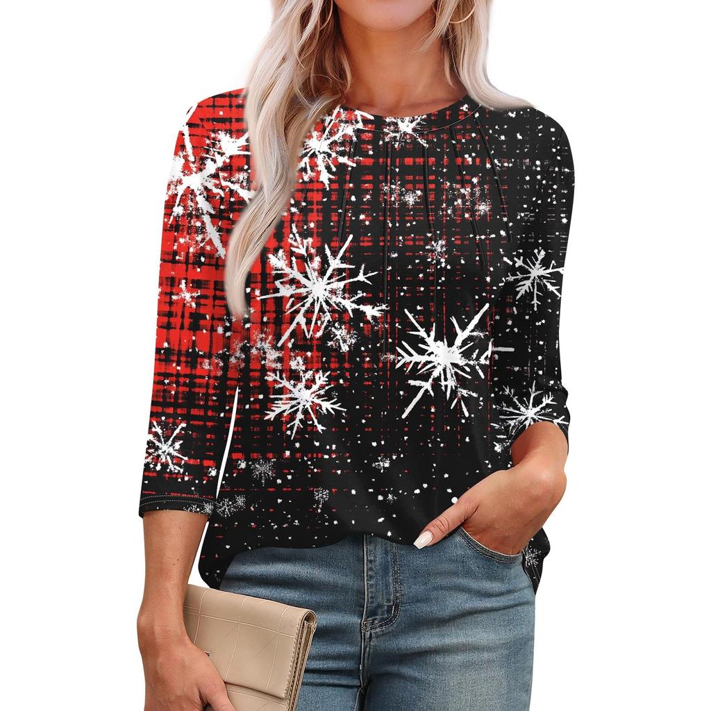 Женская модная повседневная футболка с круглым вырезом и рукавом семь четвертей в стиле ретро с принтом, плиссированная футболка