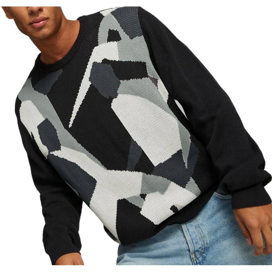 Puma Пуловер с узором цветных блоков, свитер с круглым вырезом, мужские топы, черный 535804-01