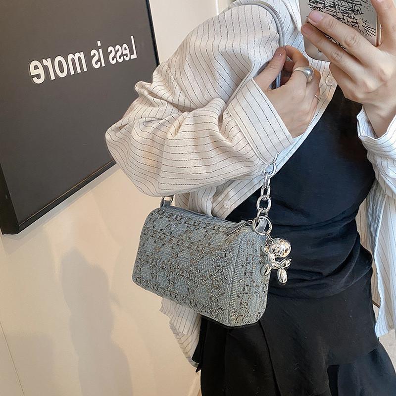 Ielgy Small Square Bag Retro Rhinestone Denim Bag Shoulder Messenger Pillow Bag