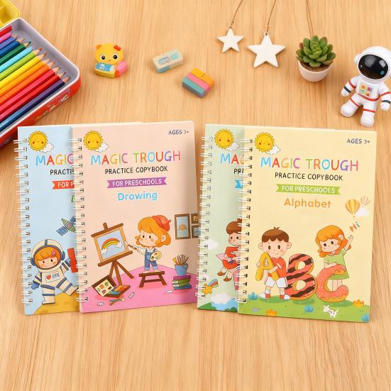 Magic Groove Practice Book Reusable Math Drawing Copybook Number Alphabet Tracing Handwriting Workbook for Children Ages 3-10