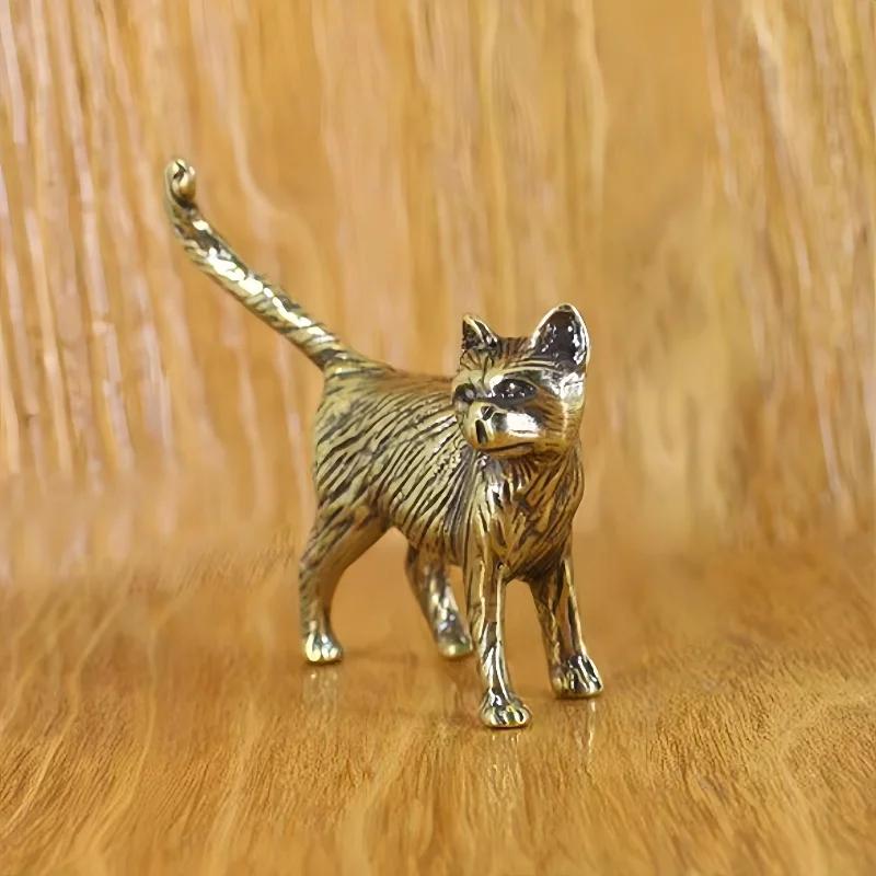 Retro Brass Little Cat Statue Creative Interesting Mini Long-Tailed Cat Tabletop Ornament Miniature Home Decor Tea Pet Crafts