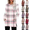 Women's Checkered Printed Round-neck Long-sleeved Top With Pockets And Side Slits