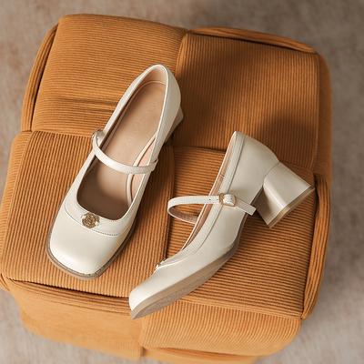 Весенние новые женские туфли Мэри Джейн на толстом металлическом каблуке с круглой головкой и пряжкой в виде одного слова в британском стиле. Повседневная модная обувь