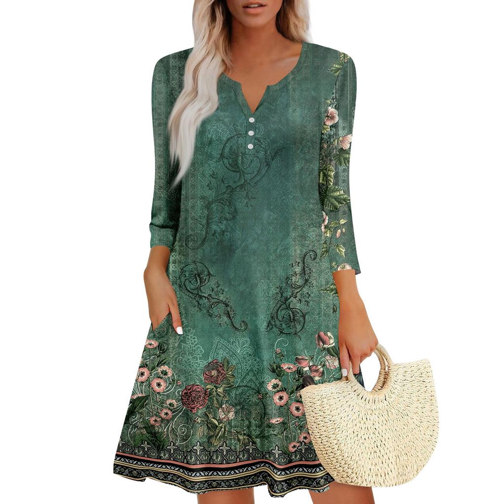 Женское летнее платье, свободное платье с V-образным вырезом, рукавом три четверти и карманами