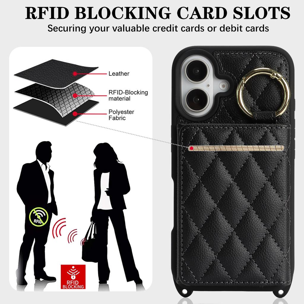 For iPhone 16 Case with Lanyard/Mirror/Card Holder Grids Pattern RFID Blocking Phone Cover