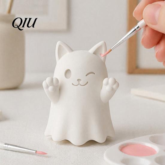 Ghost Cat Figurines 3D Printed Cute Figurine, Wink Smile Surprise Spooky Halloween Decor, Handmade Artistic Sculptures Blank White DIY Paintable