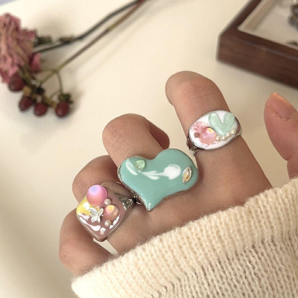 Geometric Enamel Love Heart Ring Open Ring Irregular Enamel Ring Painting Ring Women