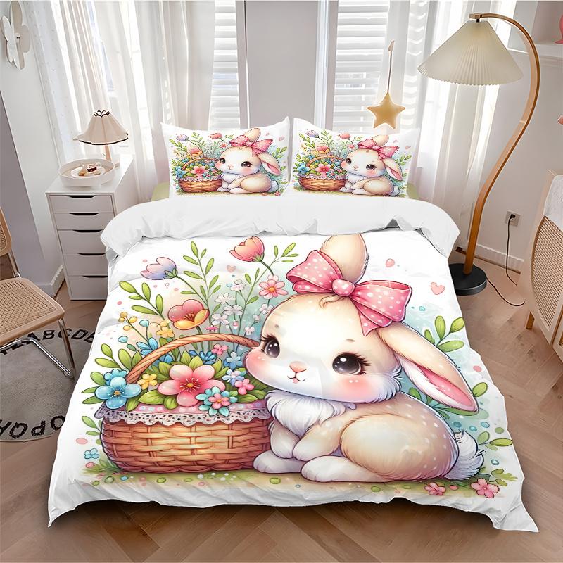 3pcs Bunny & Flowers Printed Bedding Set, Soft and Comfortable Quilt Cover for Bedroom, Guest Room (1 Duvet Cover + 2 Pillowcases, Pillow Co