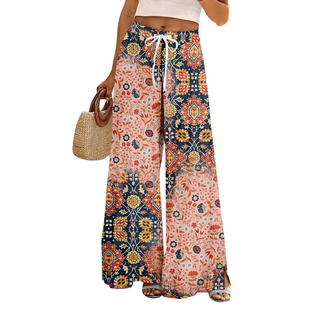 Women Summer Boho Palazzo Pants High Waist Wide Leg Rinting Casual Trousers With Pockets