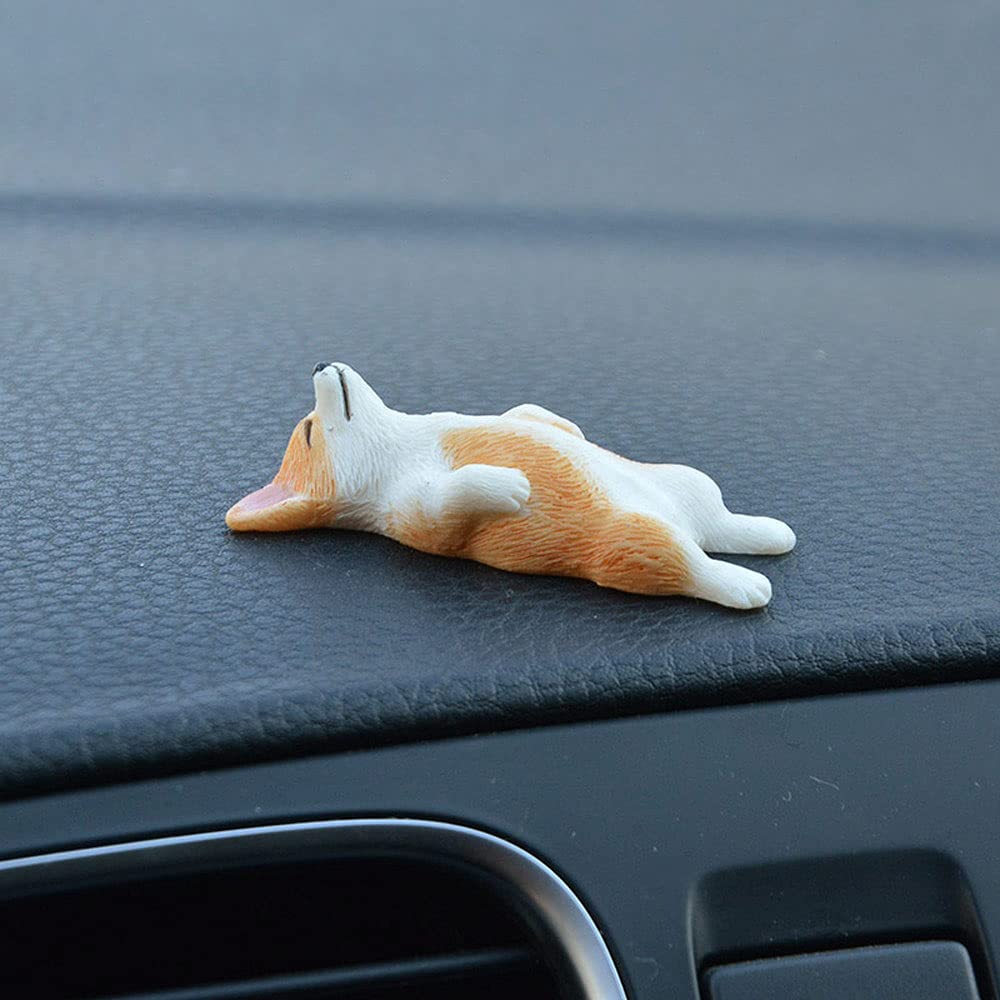 moin moin Figurine Ornament - Sleeping Corgi Puppies Assortment 5-Piece Set + Non-Slip Mat/Mini Small Sleeping/Sitting Puppies for Car Decoration Disp