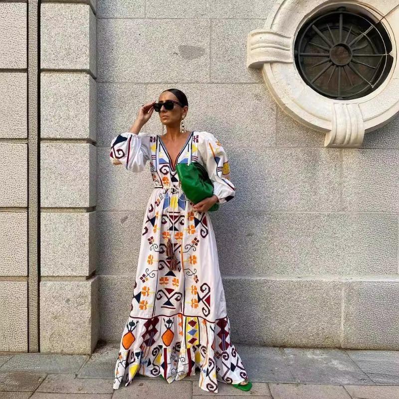 Женское праздничное платье с рукавами-фонариками и принтом, длинное